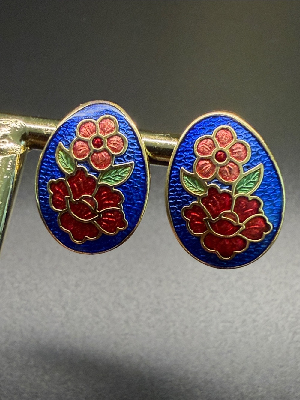 Blue Floral Cloisonné Oval Stud Earrings